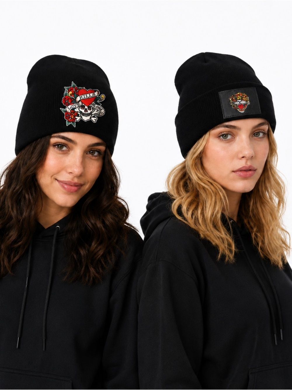 Ed Hardy Beanie 2 Pack Love Kills Slowly Skull Roses Tiger Cuffed Knit NWT